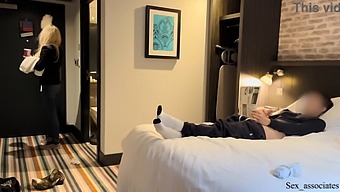 Hotel Maid Stumbles Upon Guest Pleasuring Himself And Assists In Reaching Climax During Cleaning
